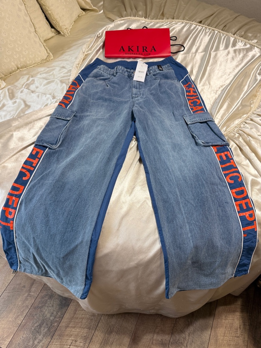 AKIRA Blue Denim Relaxed Cargo Jeans with Orange Side Stripe